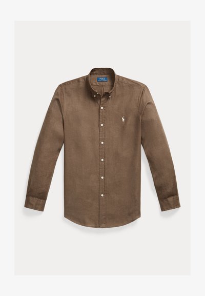 Καφέ μακρυμάνικο πουκάμισο με κουμπιά και γιακά με κουμπιά, με λευκό κεντημένο λογότυπο Polo Ralph Lauren στο στήθος.