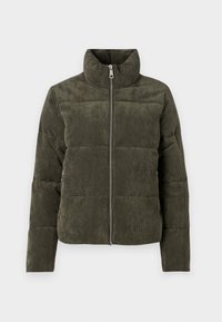 Olivově zelená kordurová péřová bunda s vysokým límcem, předním zipem a prošívaným designem. Má dlouhé rukávy a texturovanou látku.
