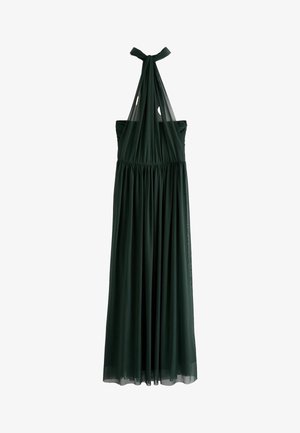 Robe halter vert foncé avec un corsage froncé et une jupe à volants, fabriquée en tissu léger, dotée d'une fermeture à nouer dans le dos.