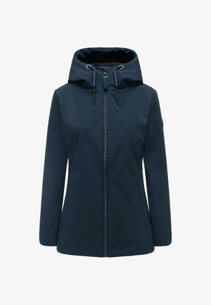 Donkerblauwe damesjas met ritssluiting aan de voorkant, verstelbare capuchon met trekkoorden en lange mouwen.