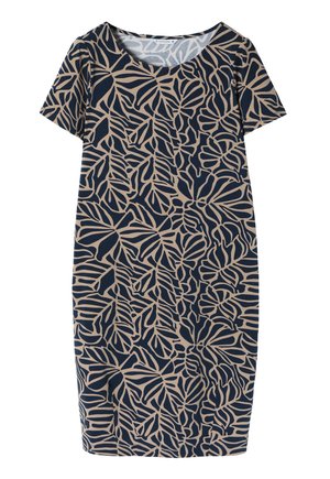 Laivastonsininen mekko lyhyillä hihoilla, jossa on vaaleanbeige lehtikuosi. Pehmeää kangasta, pyöreä kaula-aukko, rento istuvuus, polvimittainen malli.