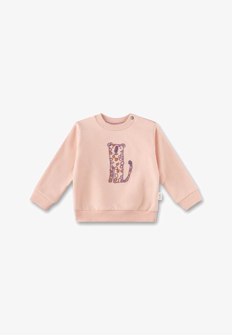 Rosa Sweatshirt mit einem gestickten Leopardenmuster in Lila und Orange. Lange Ärmel mit gerippten Bündchen und einem runden Halsausschnitt.