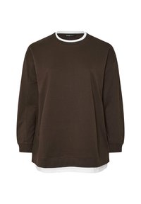 Brauner Langarm-Sweatshirt mit einem weißen Rundhalsausschnitt. Hat eine lockere Passform und einen gestuften weißen Saum, der unter dem braunen Stoff hervortritt.