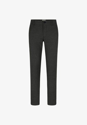 Herren Slim-Fit Anzughose in Dunkelgrau mit Karomuster, mit Knopf- und Reißverschluss, Gürtelschlaufen und Fronttaschen.