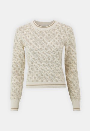 Pletena pulover v svetlo bež barvi z strukturiranim rombom in subtilnimi bež poudarki. Ima rebrast okrogli ovratnik in manšete.