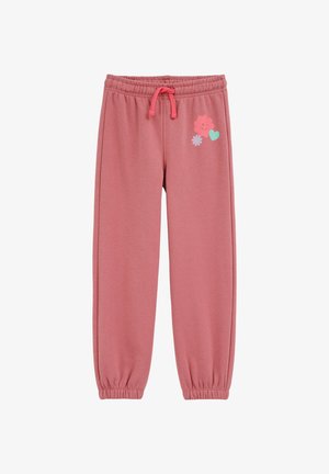 Pantalon de jogging rose en tissu doux, doté d'une taille élastique avec cordon de serrage et de motifs ludiques imprimés de fleurs et d'un cœur.