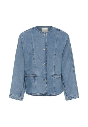 Veste en denim bleu clair avec encolure ronde, manches longues, boutons-pression métalliques à l'avant et deux poches fendues à l'avant.