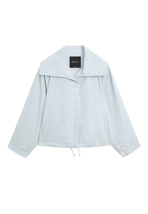 Veste bleu clair à boutons, col large, manches longues, deux poches avant et ourlet à cordon réglable.