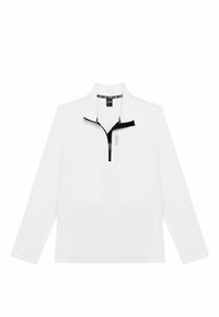 Bela pulover s četrtinskim zadrgo, izdelan iz mehke tkanine, z črnimi detajli na ovratniku in zadrgi. Minimalističen dizajn z logotipom na prsih.
