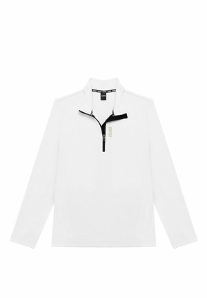 Bela pulover s četrtinskim zadrgo, izdelan iz mehke tkanine, z črnimi detajli na ovratniku in zadrgi. Minimalističen dizajn z logotipom na prsih.