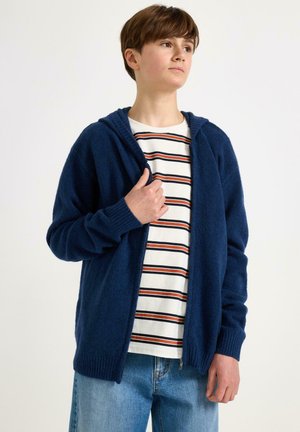 Giovane con indosso una felpa con cappuccio blu navy con cerniera sopra una t-shirt bianca a righe e jeans blu larghi, in piedi contro uno sfondo bianco uniforme.