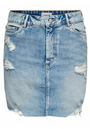 Spódnica dżinsowa w jasnoniebieskim kolorze z przetarciami, surowym wykończeniem na dole i pięcioma kieszeniami. Z przodu zapinana na guzik i zamek błyskawiczny.