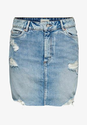 Jupe en denim bleu clair avec déchirures usées, ourlet brut et design à cinq poches. Dispose d'une fermeture à bouton et à glissière à l'avant.