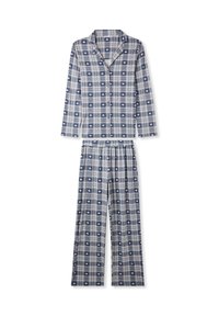 Completo pigiama a quadri grigio e blu, con motivi a cuori rosa. Maglietta a maniche lunghe con bottoni e pantaloni abbinati con vita elastica.