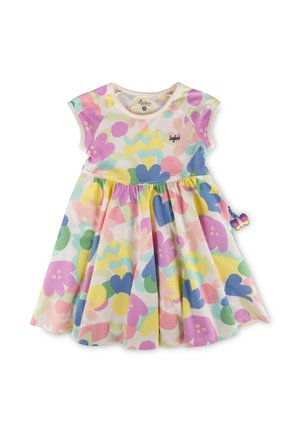 Sleeveless toddler dress with pastel floral and abstract patterns in pink, yellow, blue, and green, featuring the Sigikid logo on the chest.