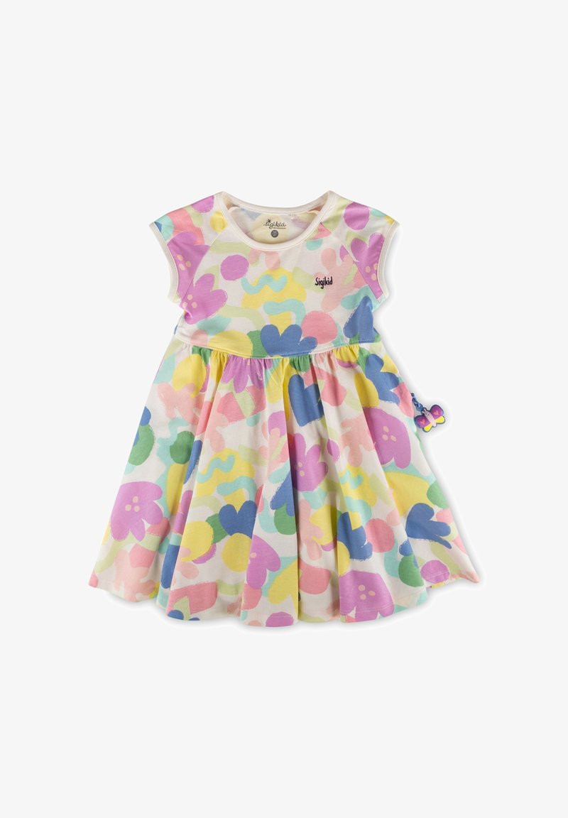 Ärmelloses Kleinkindkleid mit pastellfarbenen Blumen- und abstrakten Mustern in Rosa, Gelb, Blau und Grün, mit Sigikid-Logo auf der Brust.