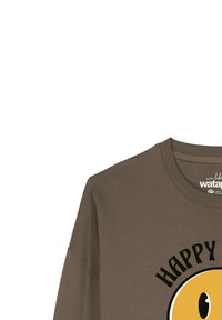 Bruine lange mouwen sweatshirt met een ronde gele glimlachende gezichtafbeelding en het woord "HAPPY" in zwarte gebogen tekst erboven. Zachte katoenmix stof.