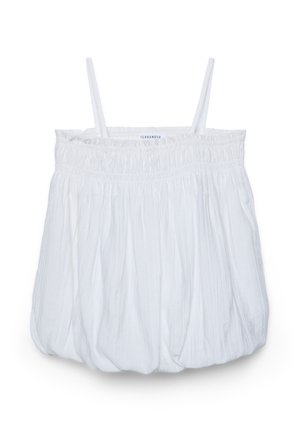 Blusa bianca leggera con spalline sottili. Presenta un corpetto arricciato e tessuto fluente e plissettato per una vestibilità comoda. Etichetta del marchio: Terranova.