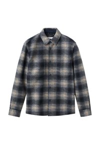 Košeľa na gombíky v kockovanom vzore; námornícka a béžová flanelová tkanina; klasický golier, dlhé rukávy a gombíkový uzáver.