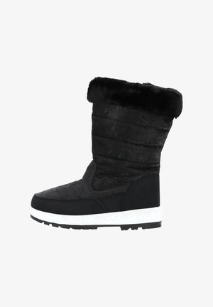 Schwarze Stiefel bis zur Wade aus weichem, strukturiertem Material mit einem Kunstfellbund und einer weißen Gummisohle. Verfügt über ein gepolstertes Design für zusätzlichen Komfort.