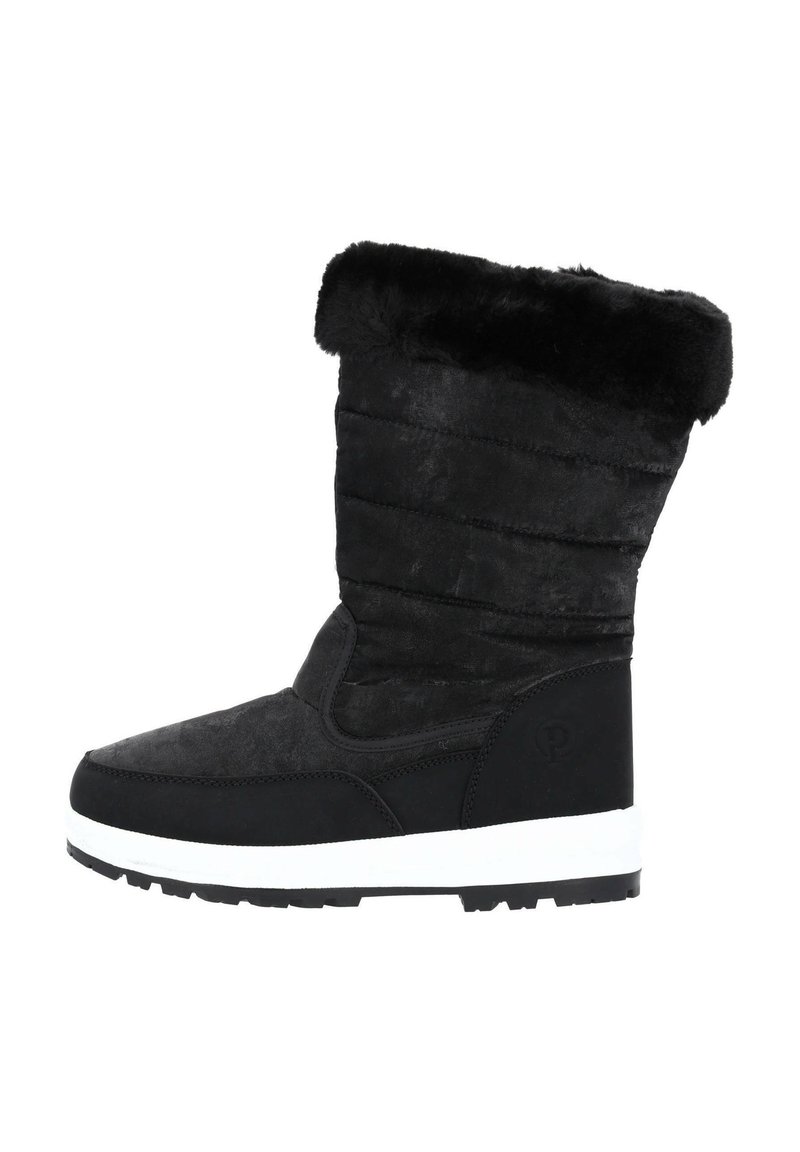 Botas negras de media caña hechas de un material suave y texturizado con un puño de piel sintética y suela de goma blanca. Presentan un diseño acolchado para mayor comodidad.