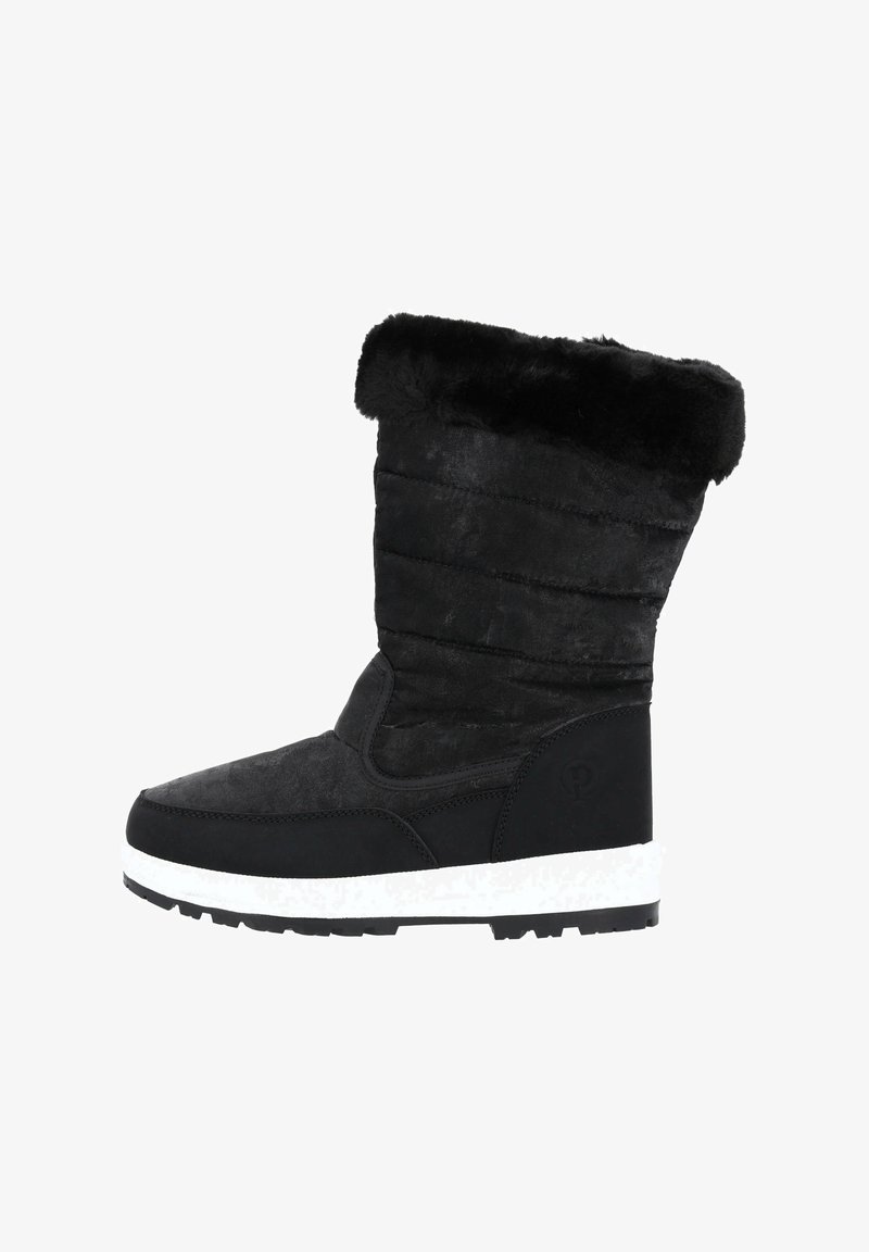 Botas negras de media caña hechas de un material suave y texturizado con un puño de piel sintética y suela de goma blanca. Presentan un diseño acolchado para mayor comodidad.