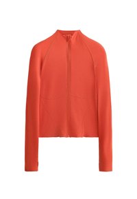 Rood jack met ritssluiting, een hoge kraag, lange mouwen en naadloze ontwerpkenmerken. Gemaakt van soepel, rekbaar materiaal met subtiele stikseldetails.