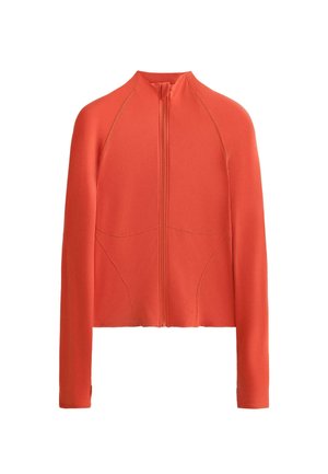 Rood jack met ritssluiting, een hoge kraag, lange mouwen en naadloze ontwerpkenmerken. Gemaakt van soepel, rekbaar materiaal met subtiele stikseldetails.