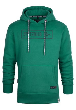 Groene hoodie met een kangoeroezak, trekkoordcapuchon en ribgebreide boorden. Heeft een bedrukte logo op de voorkant en een gestructureerde stof.