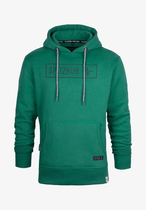Grüne Kapuzenjacke mit Kängurutasche, Zugverschluss-Kapuze und gerippten Bündchen. Überdrucktes Logo auf der Vorderseite und strukturiertes Material.