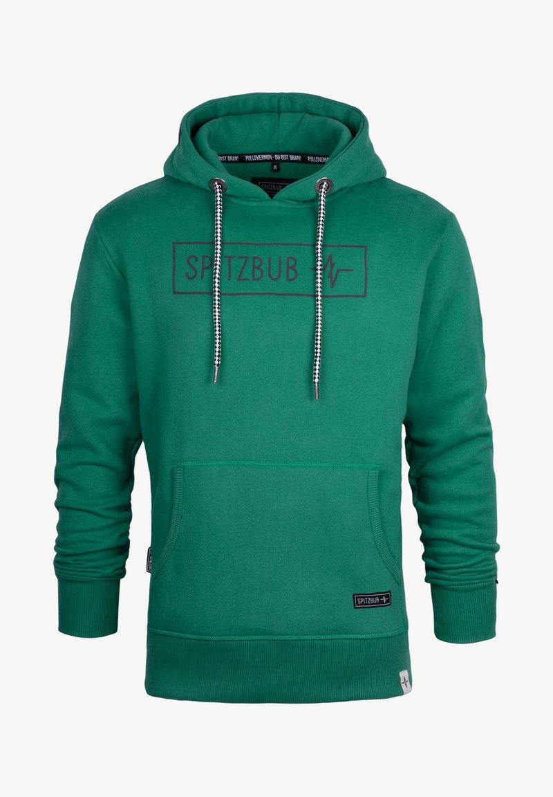 Grüne Kapuzenjacke mit Kängurutasche, Zugverschluss-Kapuze und gerippten Bündchen. Überdrucktes Logo auf der Vorderseite und strukturiertes Material.