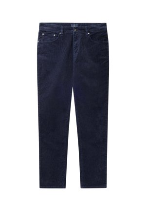 Pantaloni in corduroy blu navy con design a gamba dritta, cinque tasche e una sottile texture, con chiusura a bottone in vita.