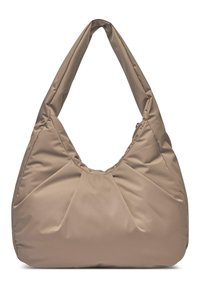 Beige Nylon Schultertasche mit abgerundetem oberen Teil, gefaltetem Vorderteil und einem einzelnen langen Tragegurt. Glatte Oberfläche mit einem weichen, gepolsterten Erscheinungsbild.
