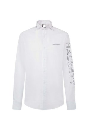 Witte lange mouwen shirt van gladde stof, met een puntige kraag en het "HACKETT"-logo in grijs op de borst en langs de mouw.