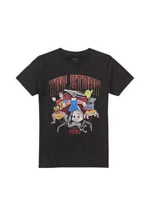 Schwarzes T-Shirt mit dem Schriftzug 1995 Toy Story und einer Collage aus Cartoon-Figuren, darunter Woody, Buzz Lightyear und andere Spielzeuge.