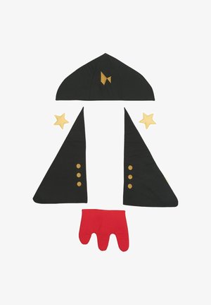 Le costume comprend un chapeau noir avec un détail en forme de poisson, deux capes triangulaires noires avec des boutons dorés, un gant rouge et deux accessoires en forme d'étoile jaune.