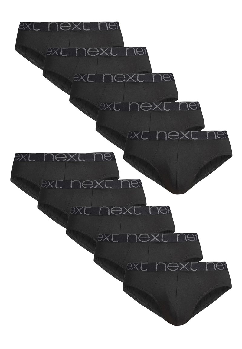 Pack schwarze Baumwollunterhosen mit einem gemusterten elastischen Bund, auf dem "next" in Grau steht. Jede hat eine glatte Textur und ein klassisches Briefdesign.