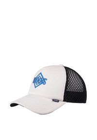 White baseball cap with a blue geometric logo, black mesh back, curved brim, and a tag on the side featuring the brand name.