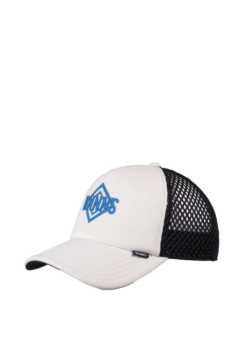 White baseball cap with a blue geometric logo, black mesh back, curved brim, and a tag on the side featuring the brand name.