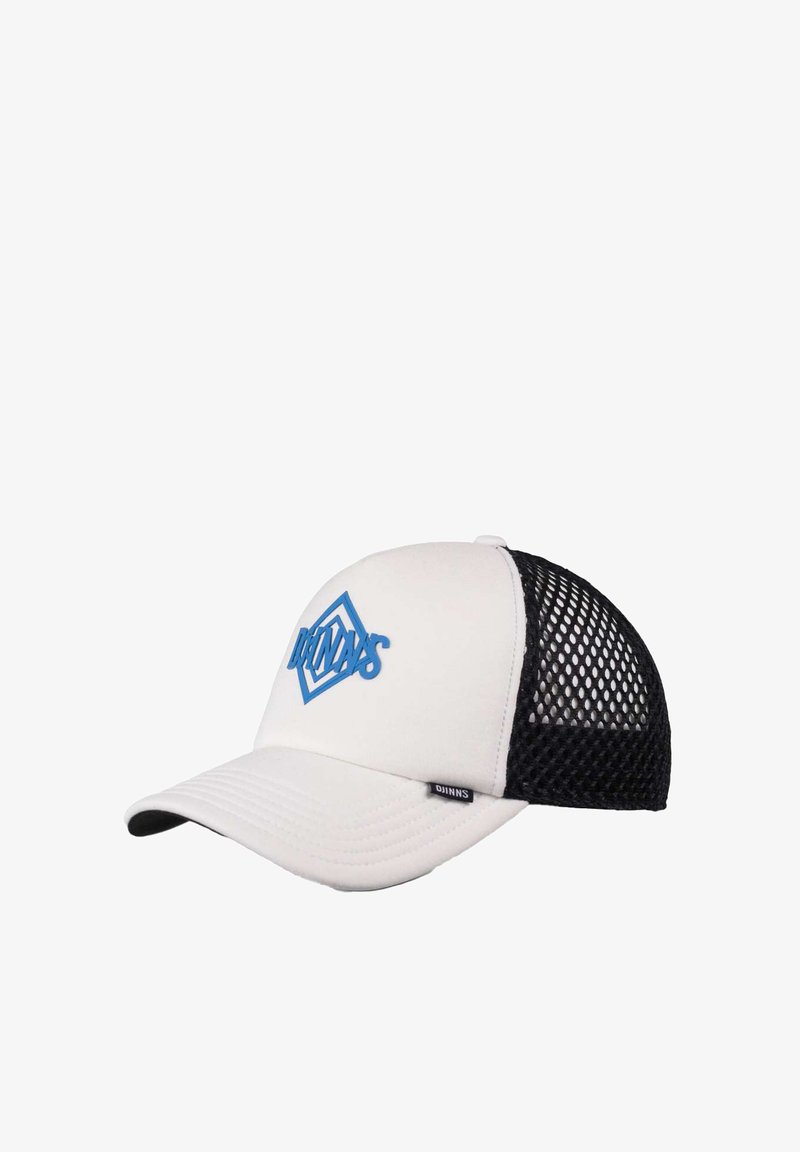 White baseball cap with a blue geometric logo, black mesh back, curved brim, and a tag on the side featuring the brand name.