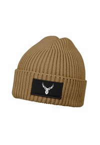 Brown ribbed knit beanie with folded edge featuring a black patch and white stylized deer head logo on front.