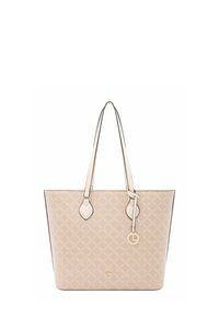 Sac fourre-tout beige avec motif de logo, en cuir, double bretelles et accents de quincaillerie dorée. Comprend une étiquette avec un pendentif en forme de "L".