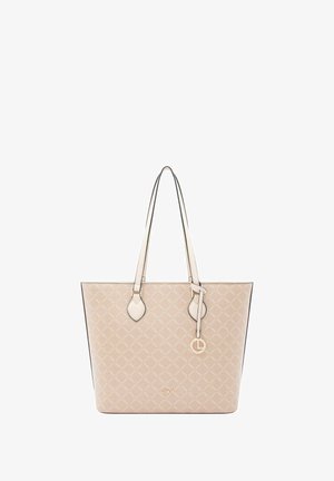 Sac fourre-tout beige avec motif de logo, en cuir, double bretelles et accents de quincaillerie dorée. Comprend une étiquette avec un pendentif en forme de "L".