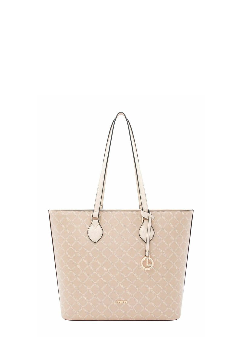 Sac fourre-tout beige avec motif de logo, en cuir, double bretelles et accents de quincaillerie dorée. Comprend une étiquette avec un pendentif en forme de "L".