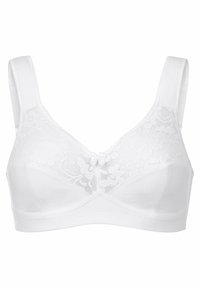 Vitt bh med mjukt tyg, spetsöverdrag på kuporna, breda justerbara axelband och liten rosettdetalj i mitten fram.