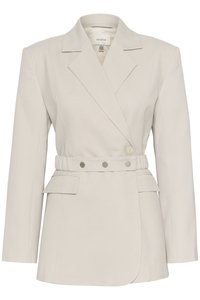 Beige blazer med en skreddersydd passform, enkle knapper, lange ermer, belte i midjen og to frontlommer. Glatt stoff med subtil tekstur.