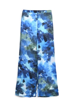 Lightweight, flowy pant with a blue and green floral pattern. Features a wide-leg design, elastic waistband, and side slits for movement.