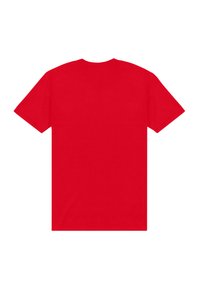 Rød kortærmet T-shirt lavet af bomuld med rund hals. Bagsiden er ensfarvet uden grafik eller mønstre og har en glat tekstur.