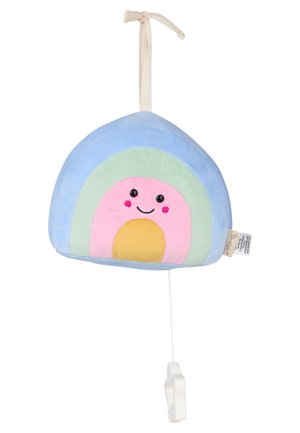 Soft pastel rainbow-shaped baby musical toy with smiling face, hanging loop, and pull string with flower-shaped handle.