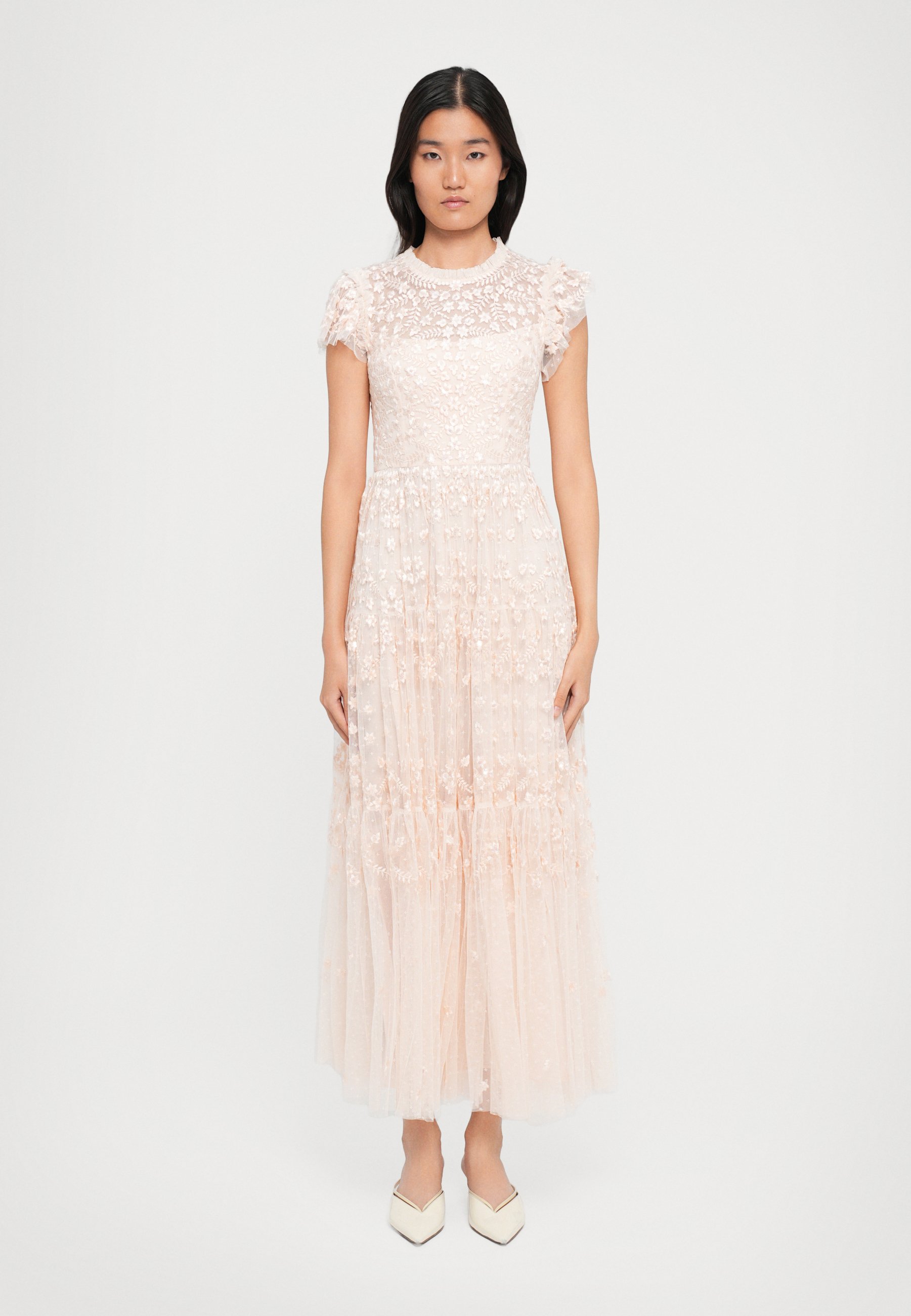 strapless open back dress Louise Tulle Midi Dress in Pink Floral  Lace & Beads